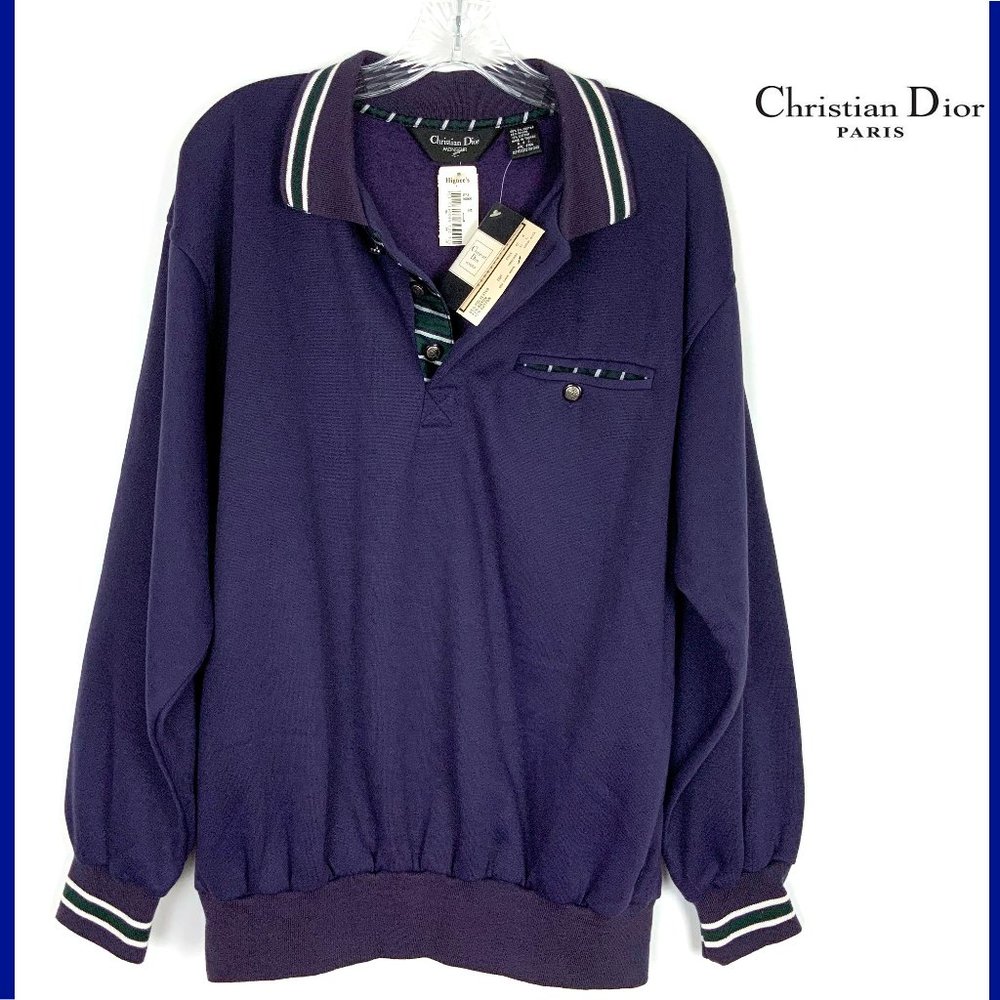 Vintage 90s Christian Dior Monsieur Quarter Button Navy Sporty Sweatshirt Sz L - Picture 2 of 16